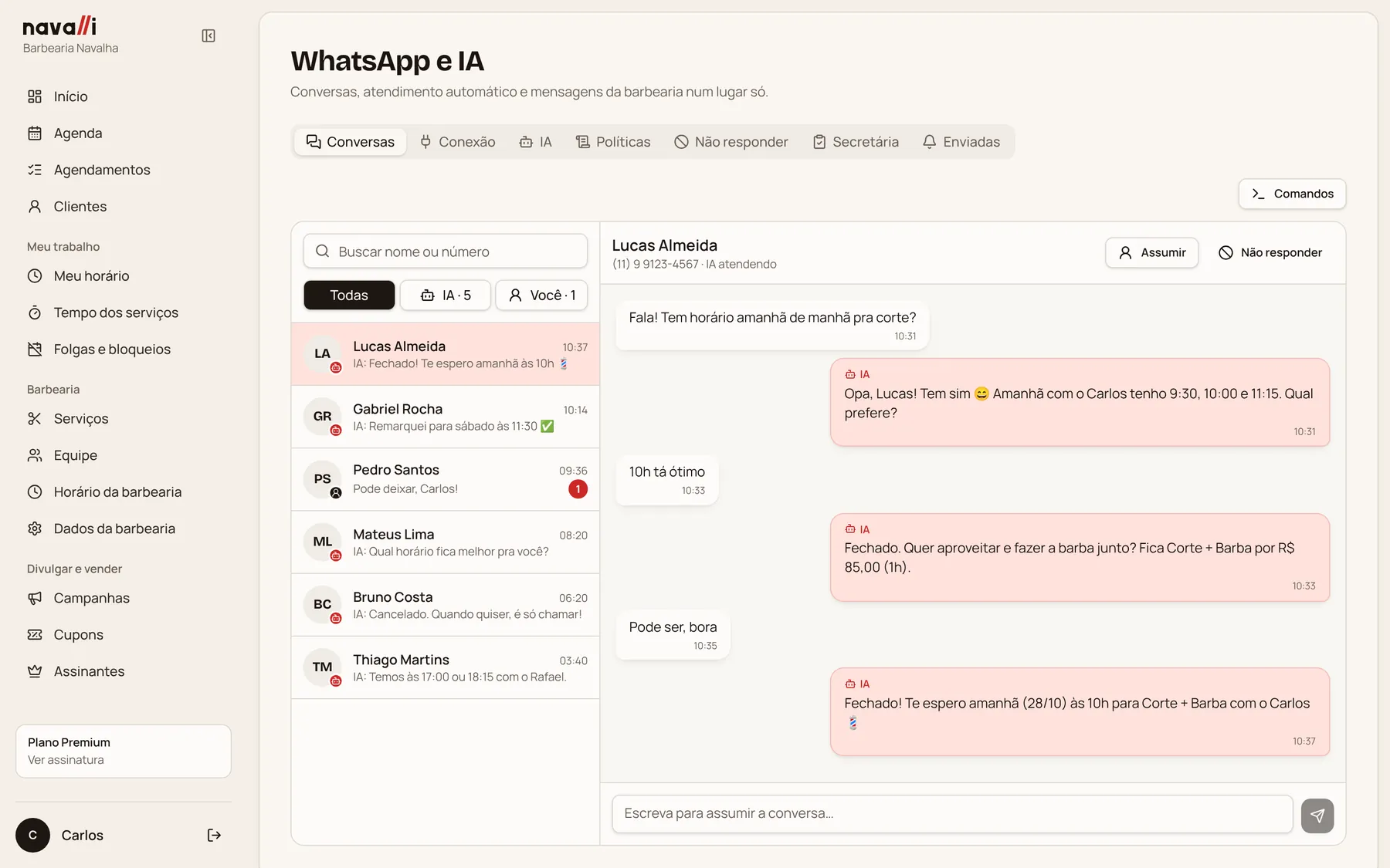 Tela de conversas do WhatsApp com a IA marcando um corte e barba para o cliente Lucas